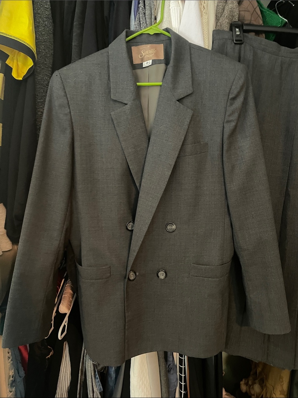 Double-Breasted Women's Blazer and Pleated Skirt  in Charcoal Gray